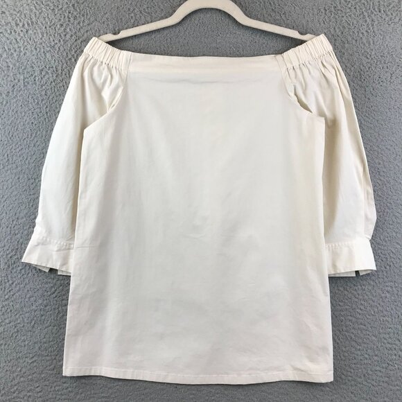 Off-Shoulder Ivory Blouse With 3/4 Sleeves Elastic Neckline & Buttoned Cuffs - Picture 1 of 9